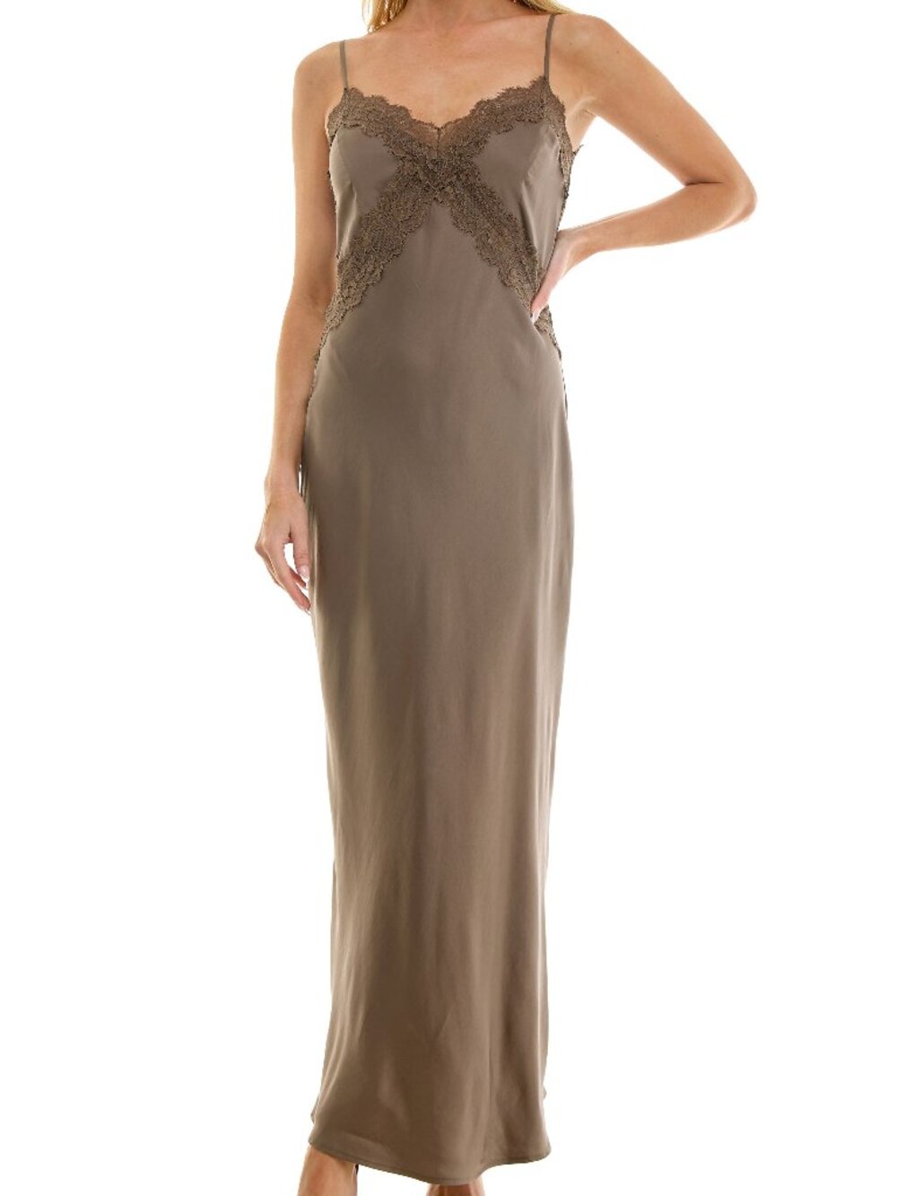 Socialite Bias Cut Lace Trim Satin Slipdress MOCHA, Size X-Small